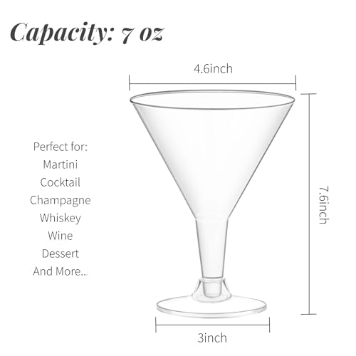 Zezzxu 24 Pack Plastic Martini Glasses - 7 oz Disposable Clear Plastic Cocktail Cups, Unbreakable & Reusable Wine Shooter Glasses for Party Margarita, Champagne, Wine