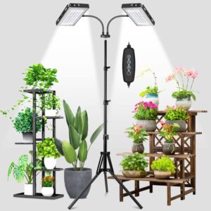 gilouppe grow lights for indoor plants, 120 leds 6000k full spectrum growing lamp with adjustable tripod stand 16-63", dual heads plant light for indoor plants with auto on/off timer, 3 switch modes