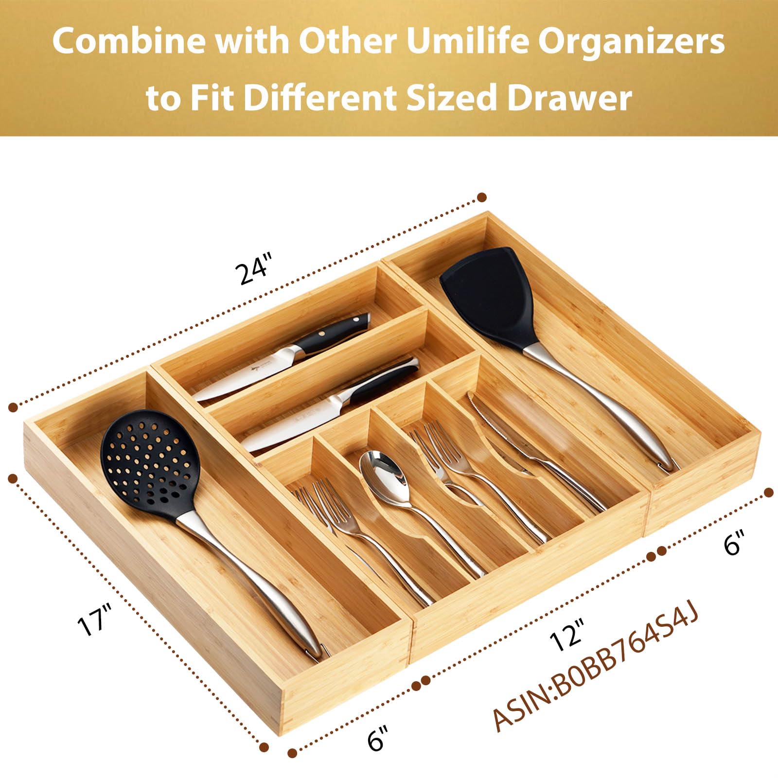 Umilife Bamboo Kitchen Utensils Organizer, Extra Long High Silverware Drawer Holder, Flatware Cutlery Storage Box, Multi-Use Drawer Divider in Office, Bathroom, Pantry - 17"x6"x2.5" (Set of 2)