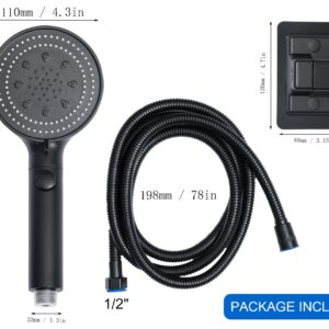 SoaShower High Pressure Handheld Shower 5-Settings、Leakproof Extra Long 78 Inch Stainless Steel Hose、Adhesive Shower Head Holder（Height/Angle Adjustable）、Matte black(Classic)、ON/OFF Pause Switch