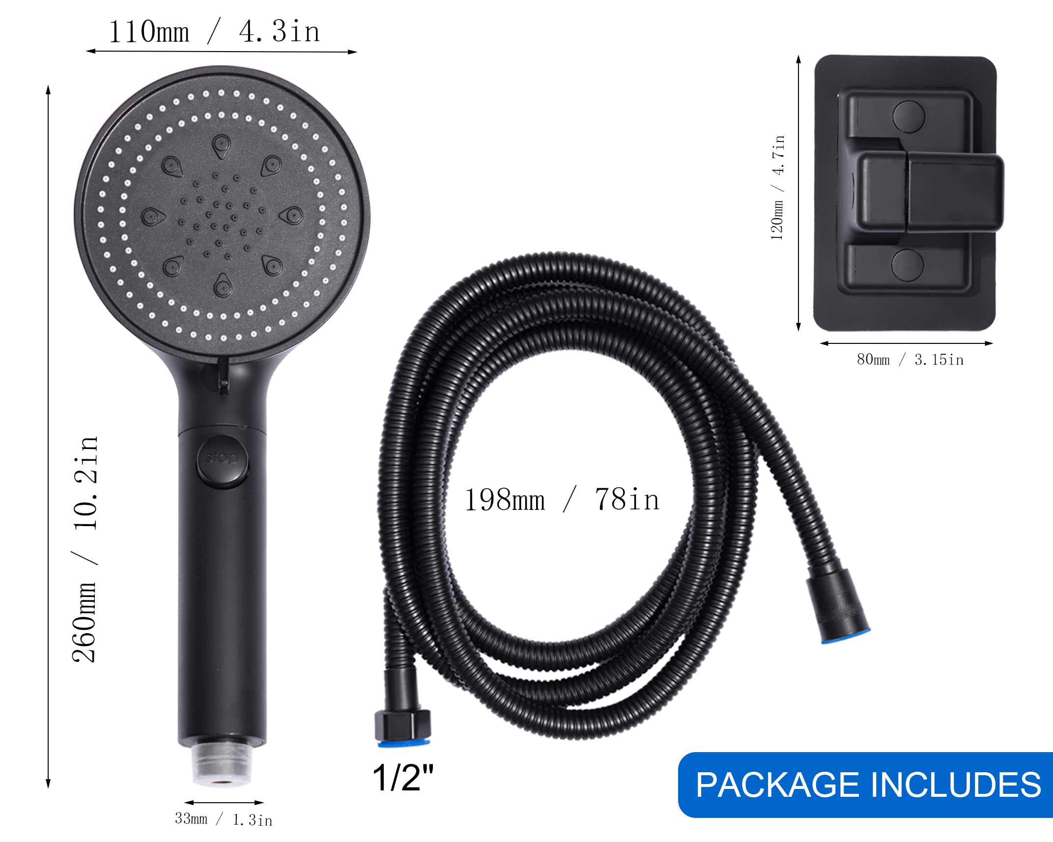 SoaShower High Pressure Handheld Shower 5-Settings、Leakproof Extra Long 78 Inch Stainless Steel Hose、Adhesive Shower Head Holder（Height/Angle Adjustable）、Matte black(Classic)、ON/OFF Pause Switch
