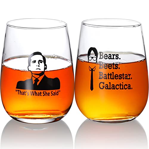 The Office Merchandise Wine Glass Set of 2 - That’s What She Said Wine Glass, Bears Beets Battlestar Galactica, The Office TV Show Fan Gifts, The Office Gifts for Women and Men, 17 oz