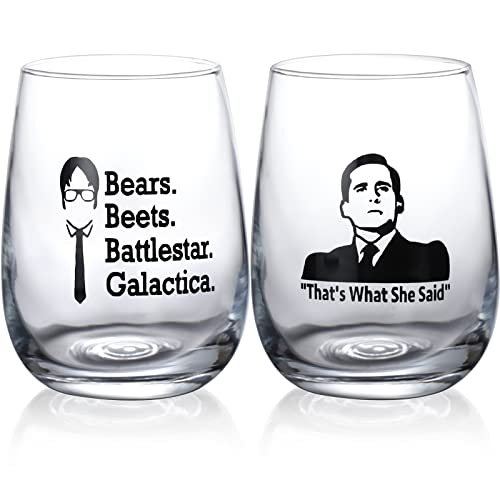 The Office Merchandise Wine Glass Set of 2 - That’s What She Said Wine Glass, Bears Beets Battlestar Galactica, The Office TV Show Fan Gifts, The Office Gifts for Women and Men, 17 oz