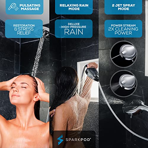 SparkPod 10-Mode Filtered Shower Head with Hose - 5" High Pressure Shower Heads with Filter - Handheld Shower Head Filter with Built-In Power Jet, Stainless 6ft Hose and Bracket (Polished Chrome)