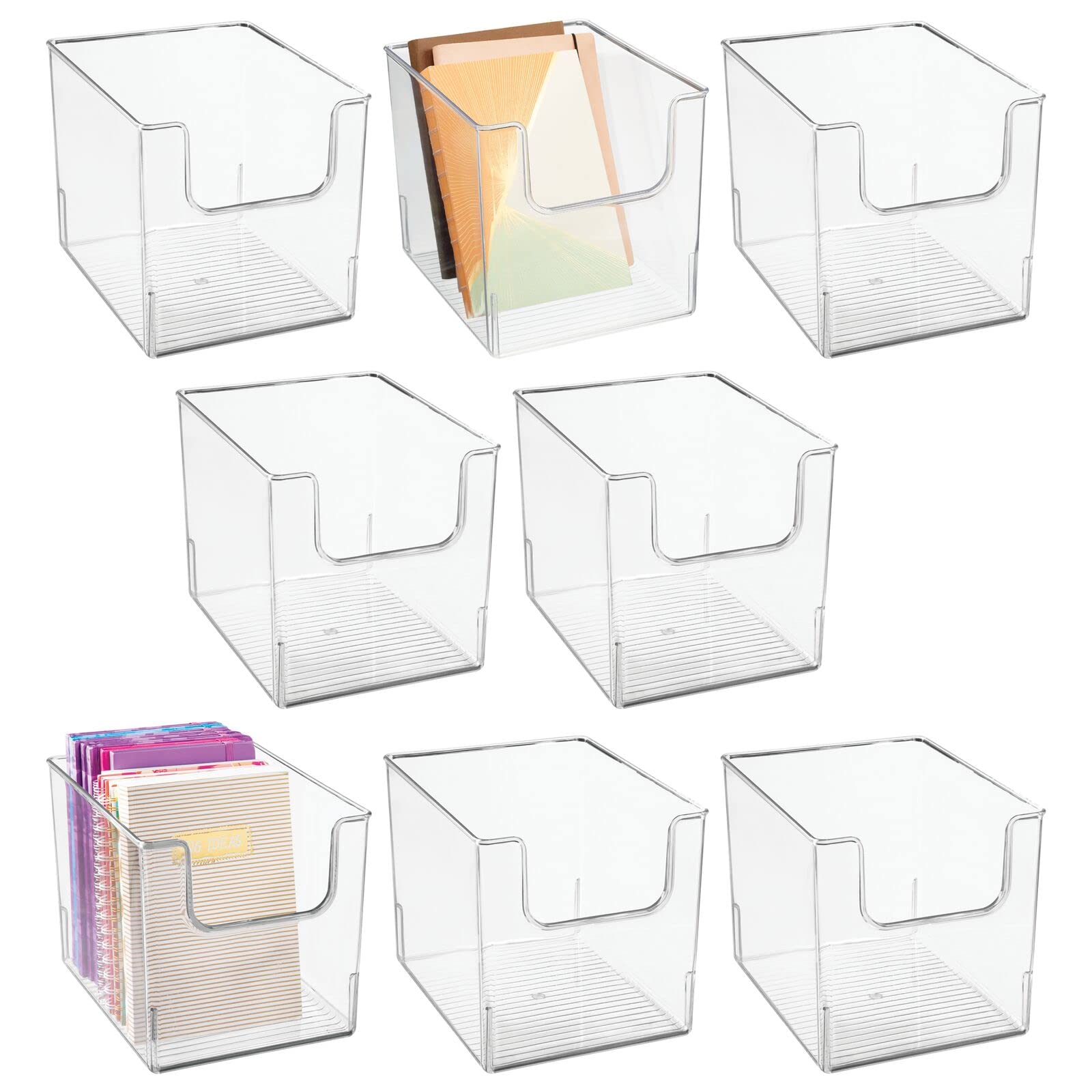 mDesign Modern Plastic Open Front Dip Storage Organizer Bin Basket for Home Office Organization - Shelf, Cubby, Cabinet, Cupboard, and Closet Organizing Decor - Ligne Collection - 8 Pack - Clear