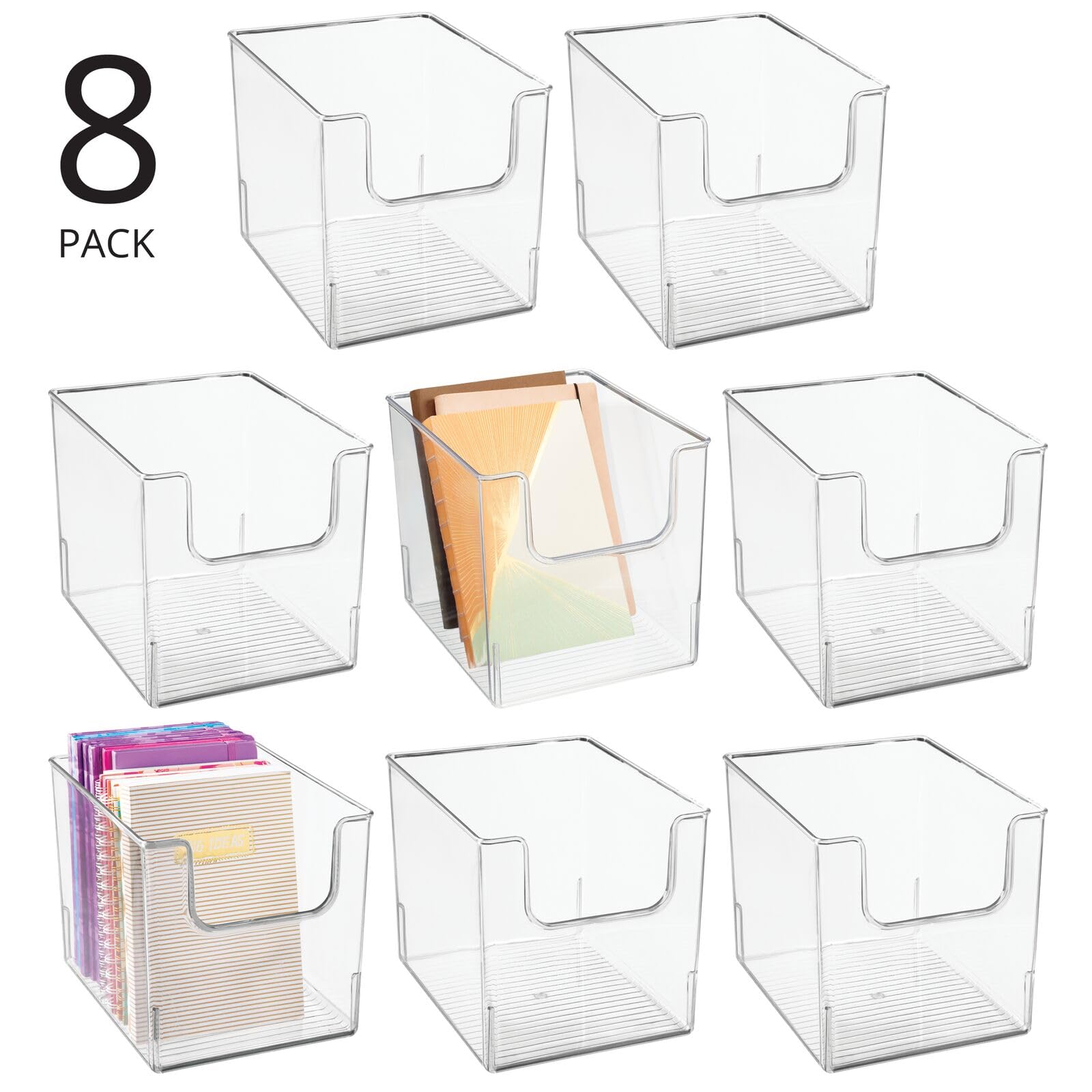 mDesign Modern Plastic Open Front Dip Storage Organizer Bin Basket for Home Office Organization - Shelf, Cubby, Cabinet, Cupboard, and Closet Organizing Decor - Ligne Collection - 8 Pack - Clear