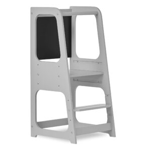 dream on me explora tower & step stool in pebble grey, anti-slip base, multipurpose kids step stool, 3 platform heights, chalkable black board