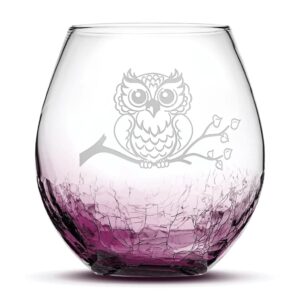 integrity bottles resting owl design stemless wine glass, handmade, handblown, hand etched gifts, sand carved, 18oz (crackle purple)