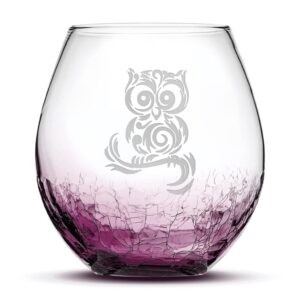integrity bottles tribal owl design stemless wine glass, handmade, handblown, hand etched gifts, sand carved, 18oz (crackle purple)
