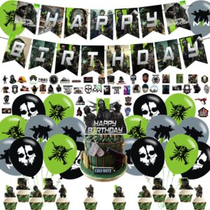 gaming theme birthday party decorations,call of du_ty party supply set for kids with 1 happy birthday banner ,12 cupcake toppers ,18 call hero balloons ,50 stickers for gaming party decorations