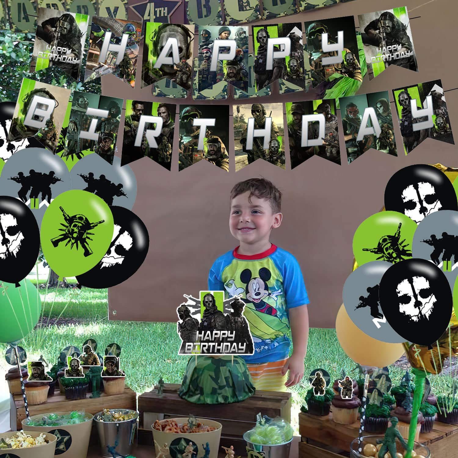 Gaming Theme Birthday Party Decorations,Call Of Du_ty Party Supply Set for Kids with 1 Happy Birthday Banner ,12 Cupcake Toppers ,18 Call Hero Balloons ,50 Stickers for Gaming Party Decorations