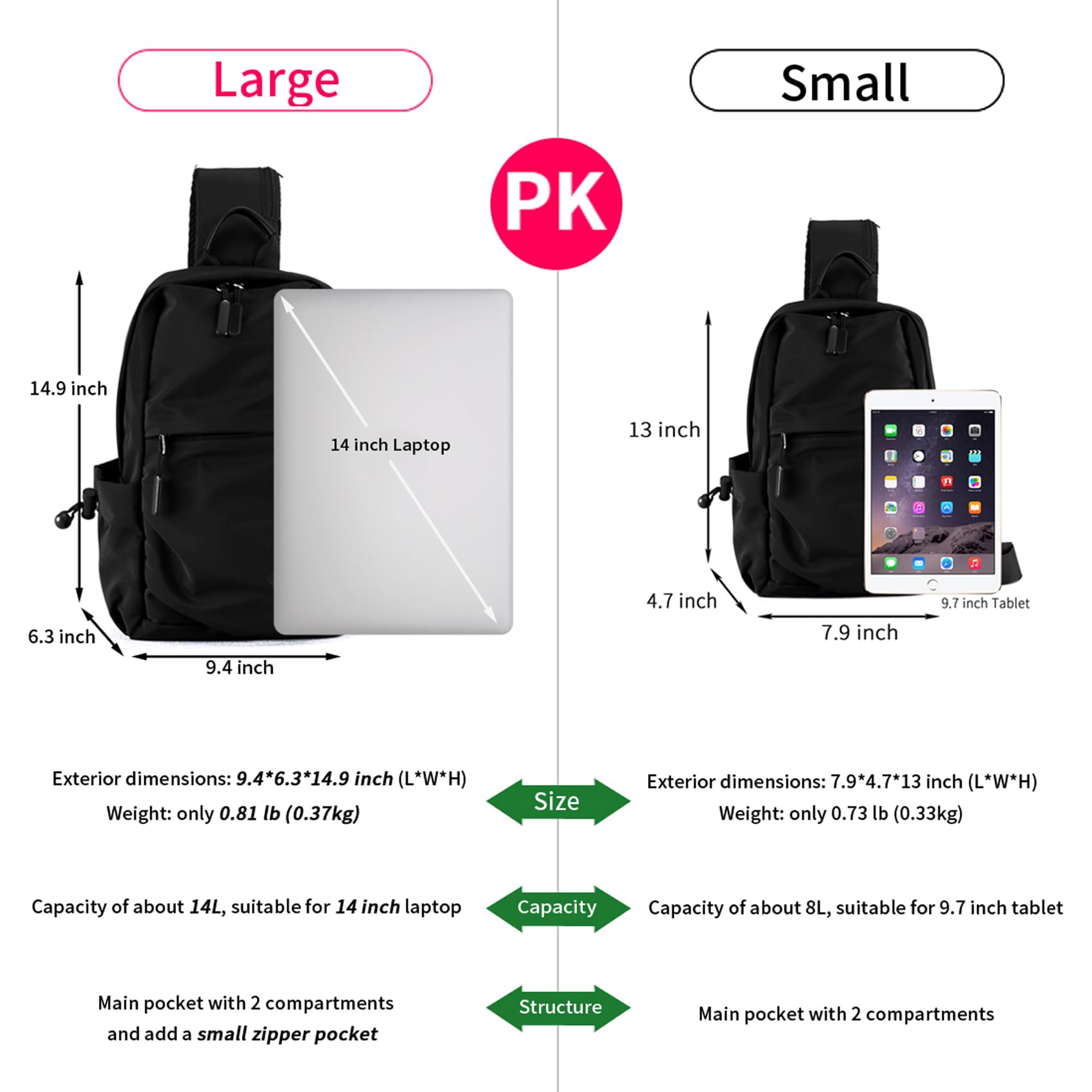 Seoky Rop Men Women Sling Bag Backpack Lightweight Water Resistant Chest Shoulder Crossbody Bags for Walking Travel Cycling Large Black