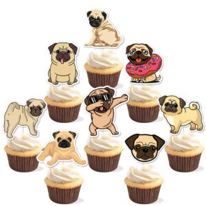 50 pieces pug cupcake toppers pet pugs dog cake decoration cute pet dog pug themed stickers (2 in 1) kids boy girl happy birthday party supplies
