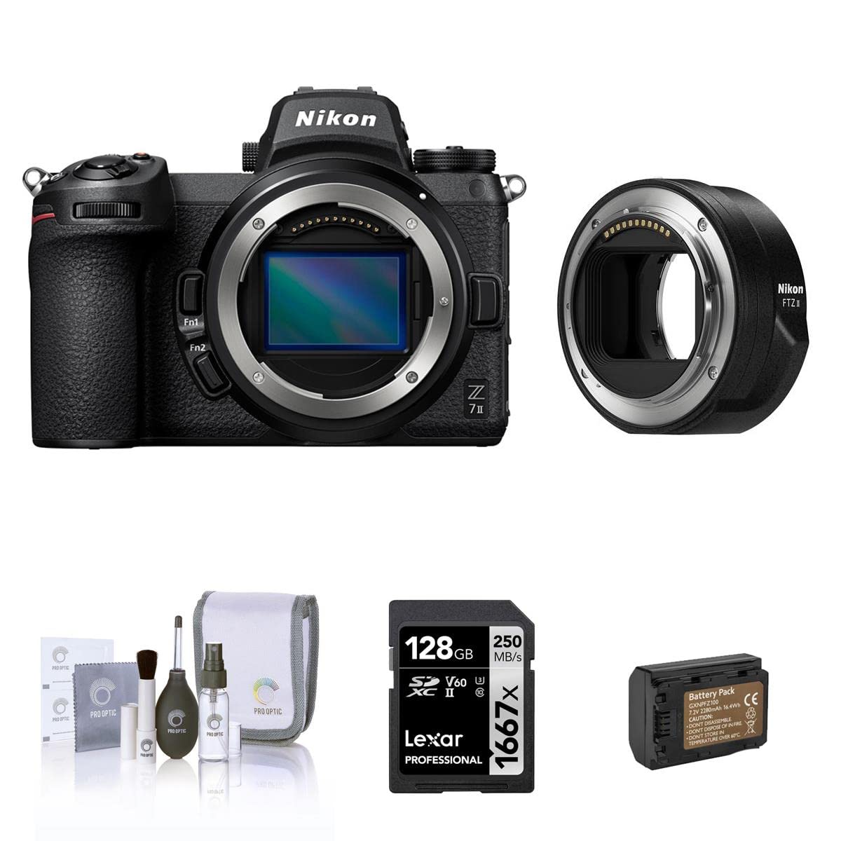 Nikon Z 7II Mirrorless Camera, Bundle with Nikon FTZ II Mount Adapter, 128GB Memory Card, Extra Battery, Cleaning Kit