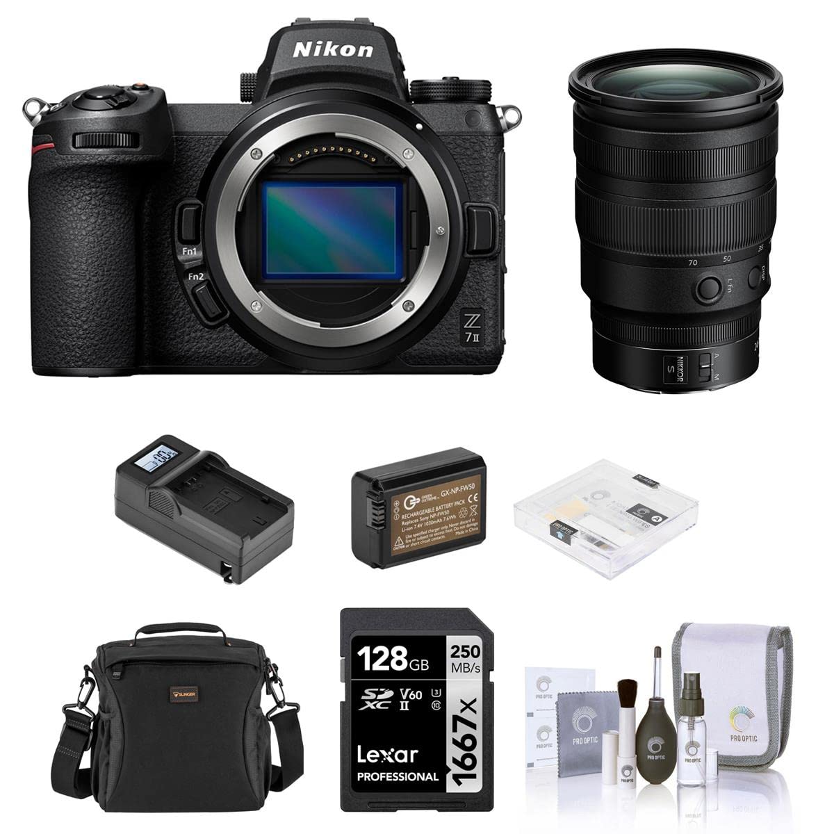 Nikon Z 7II Mirrorless Camera with NIKKOR Z 24-70mm f/2.8 S Lens, Bundle with 128GB Memory Card, Shoulder Bag, Battery, Charger, 82mm Filter Kit, Screen Protector, Cleaning Kit