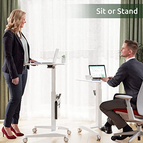 Gibbon Mounts Mobile Standing Desk, Height Adjustable Rolling Laptop Desk, 27 inches Portable Sit Stand Desk with Wheels and Hook, Pneumatic Computer Table, White