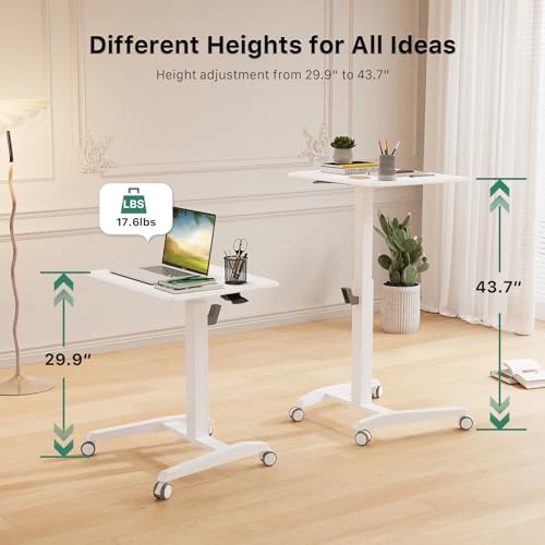 Gibbon Mounts Mobile Standing Desk, Height Adjustable Rolling Laptop Desk, 27 inches Portable Sit Stand Desk with Wheels and Hook, Pneumatic Computer Table, White