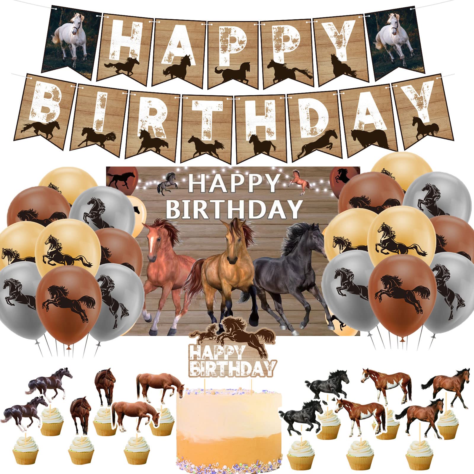 Horse Birthday Party Supplies Set with Horse Theme Happy Birthday Banner Balloon Cake Topper Cupcake Topper Background for Horse Party Decoration