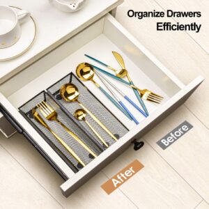 KUAKEE 11.8 x 3 x 2 Inch Silverware Drawer Organizer, 6 Pcs Metal Mesh Drawer Organizer for Kitchen, Black Utensil Organizer, Silverware Tray with Interlocking Arm for Flatware Knives Forks and Spoons