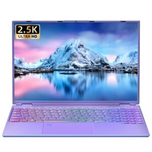 【win 11 pro/office 2019】 16" laptop ultra-narrow bezels 2.5k fhd(2560x1600) ips screen, celeron n5095,16g ram, 512gb ssd, color backlit kb, fingerprint reader, type-c, hdmi(16g+512gb ssd, purple)