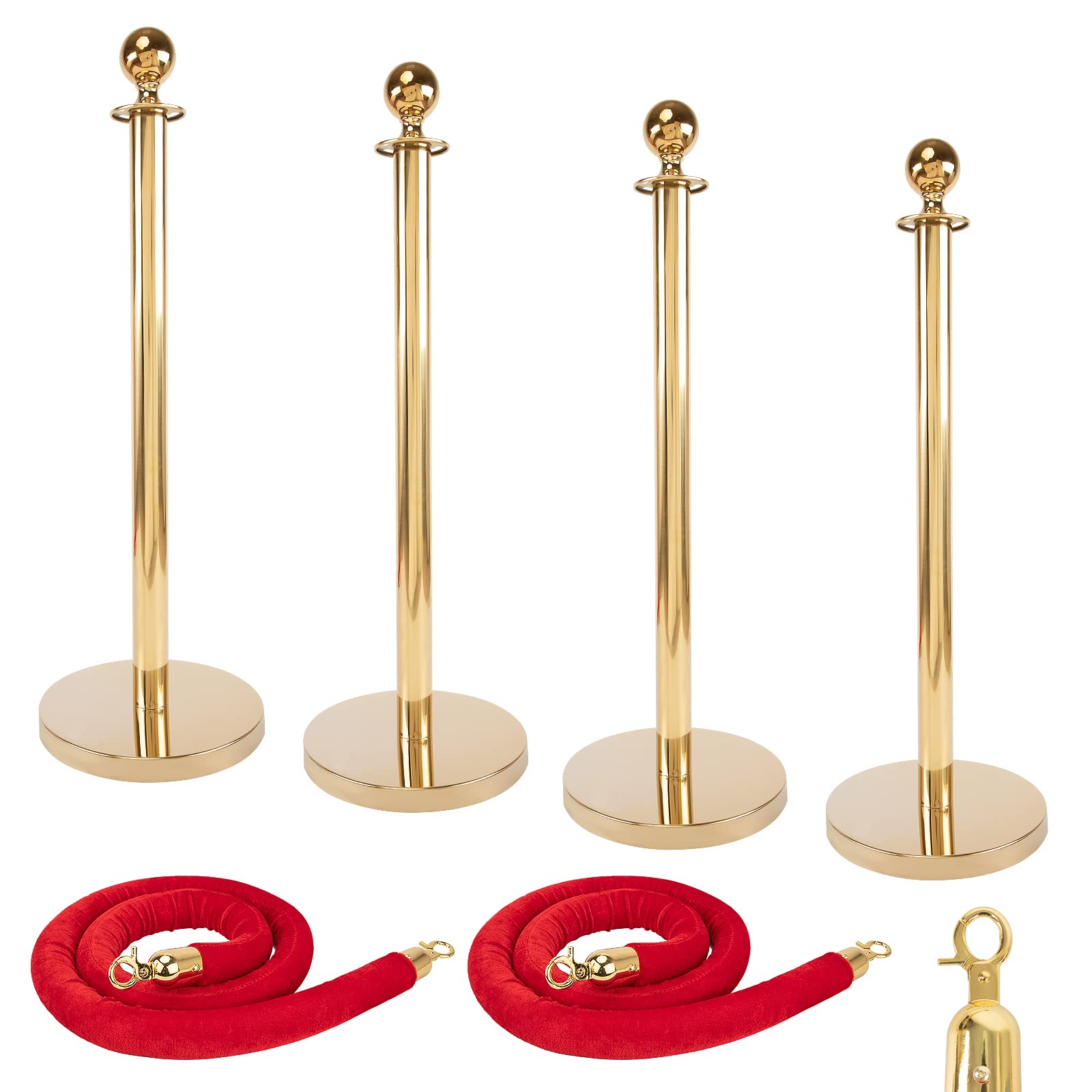 Gold Crowd Control Stanchions, Red Velvet Rope Stanchion Set, Stanchion Posts Queue Pole with 5 ft/1.5 m Red Velvet Rope - Stanchions and Velvet Ropes for Movie Theater (38 Inch, 4Pcs)