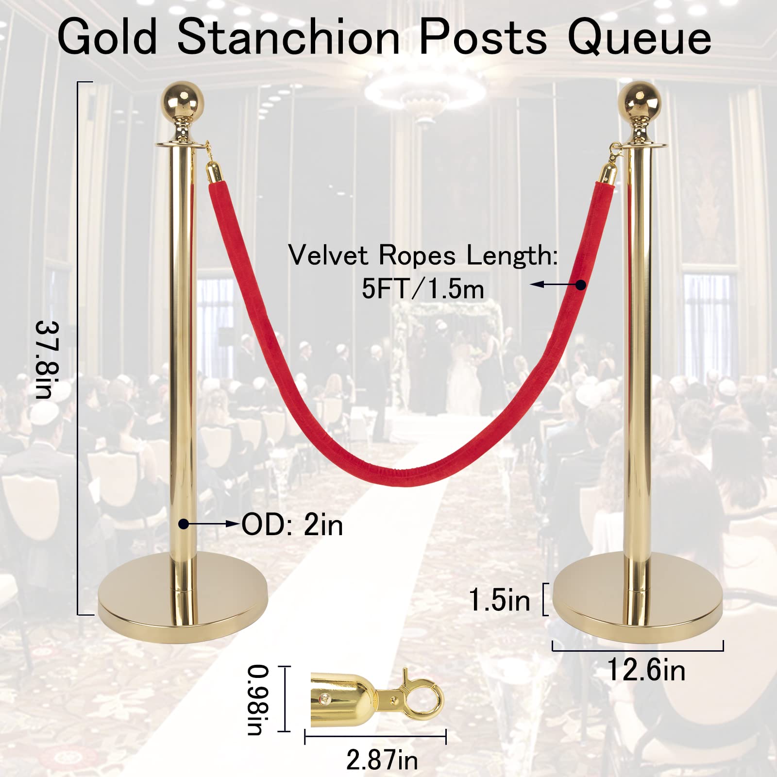 Gold Crowd Control Stanchions, Red Velvet Rope Stanchion Set, Stanchion Posts Queue Pole with 5 ft/1.5 m Red Velvet Rope - Stanchions and Velvet Ropes for Movie Theater (38 Inch, 4Pcs)