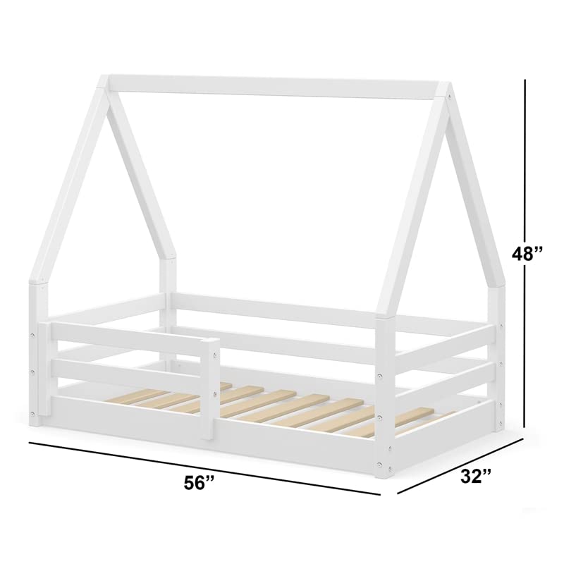 Pemberly Row 32" x 56" Modern Solid Wood Toddler Bed with Slat Kit, Safety Guardrails, Easy and Free Access to Bed, for Kid Bedroom, in White Finish