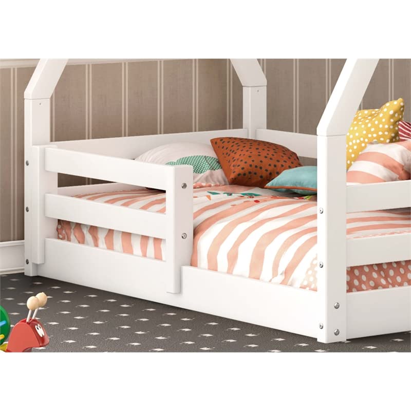 Pemberly Row 32" x 56" Modern Solid Wood Toddler Bed with Slat Kit, Safety Guardrails, Easy and Free Access to Bed, for Kid Bedroom, in White Finish