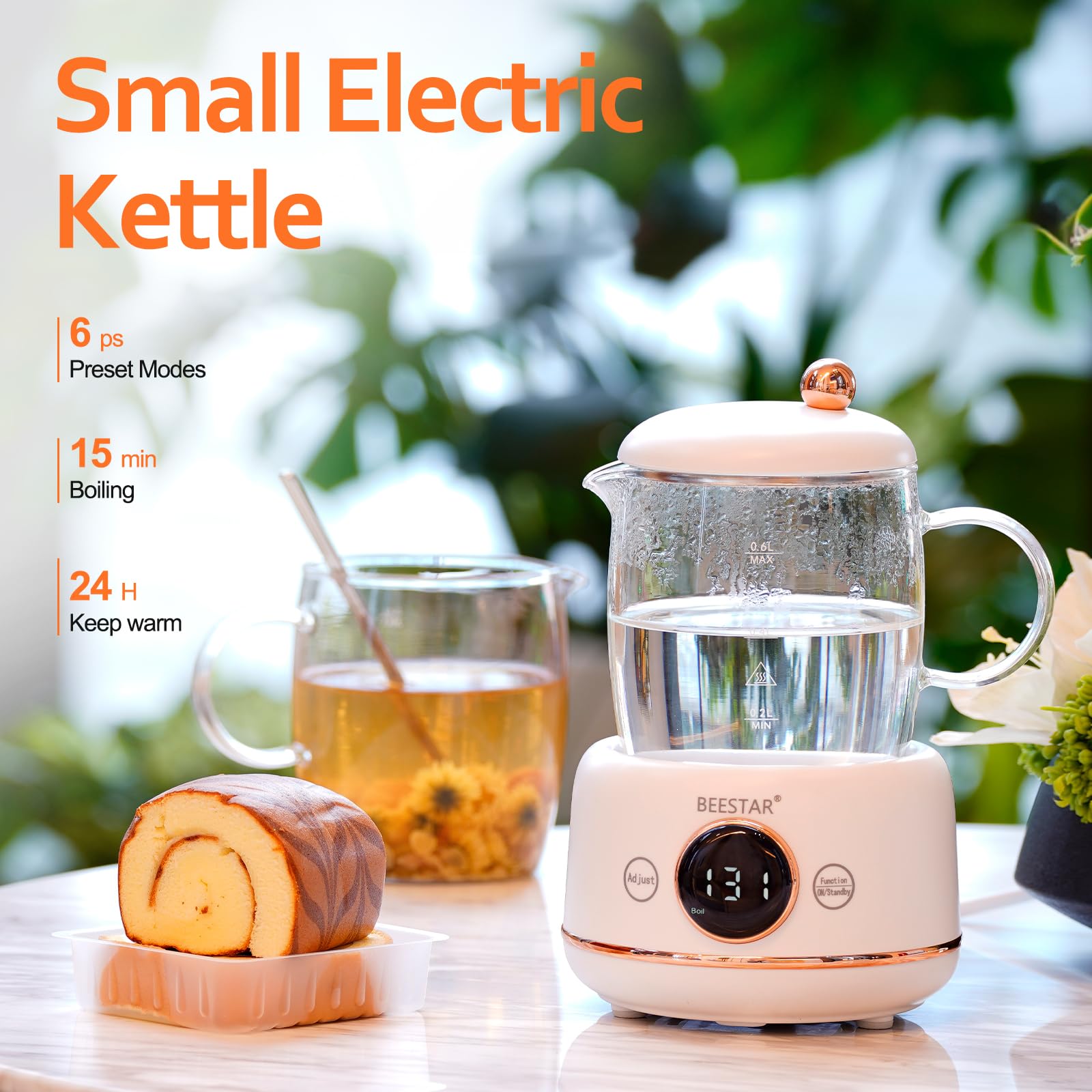 BEESTAR Small Electric Kettle with Automatic Heat Preservation,Glass Portable Kettle Temperature Control,6 Preset Programs,High Borosilicate Glass,0.6 Liter Capacity for Your Office or Kitchen