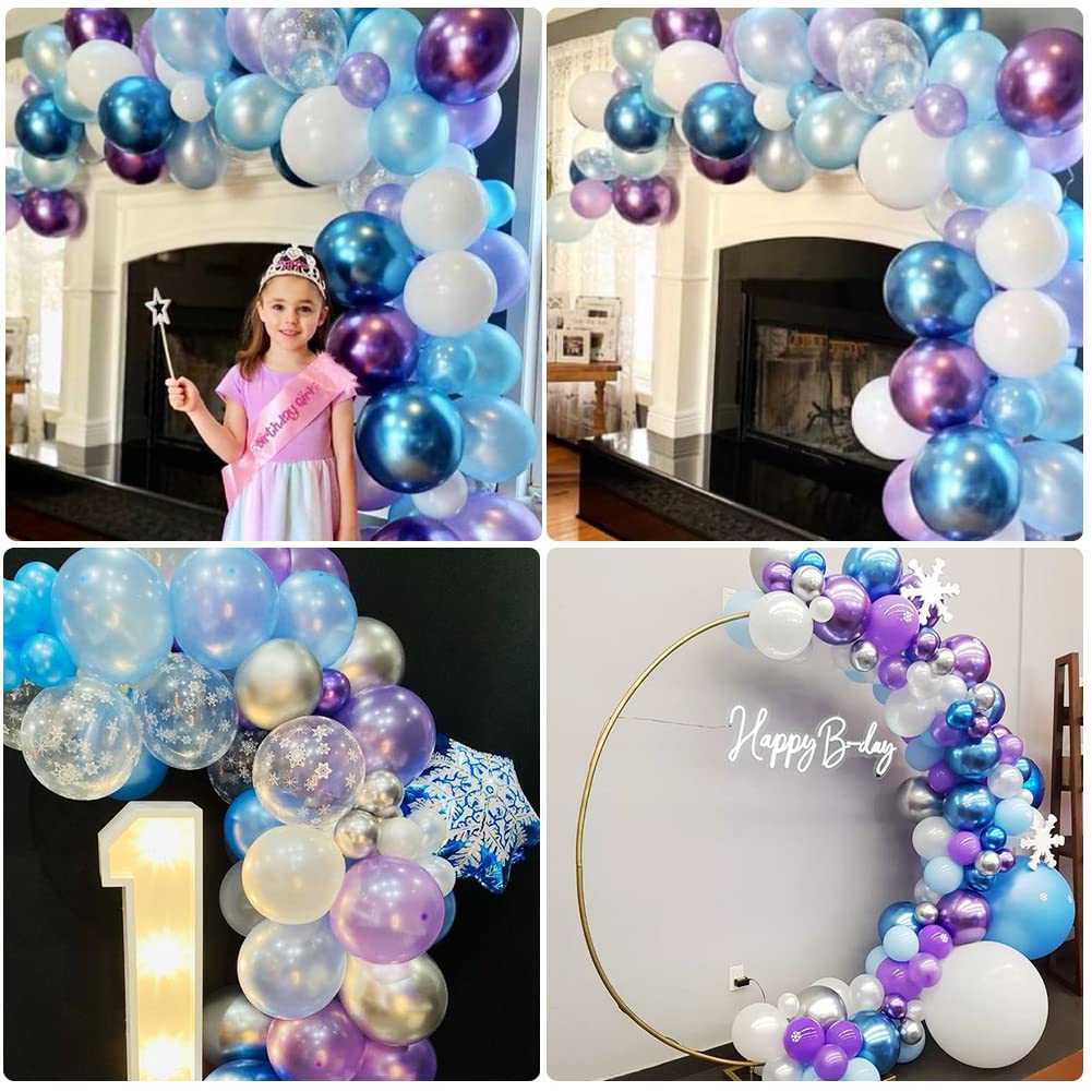 Frozen Balloons Garland, Frozen Balloons Arch Birthday Party Supplies Balloons Party Decoration, Blue Purple Balloons, Blue Purple Metallic Balloons Snowflakes Confetti Balloons for Frozen Party