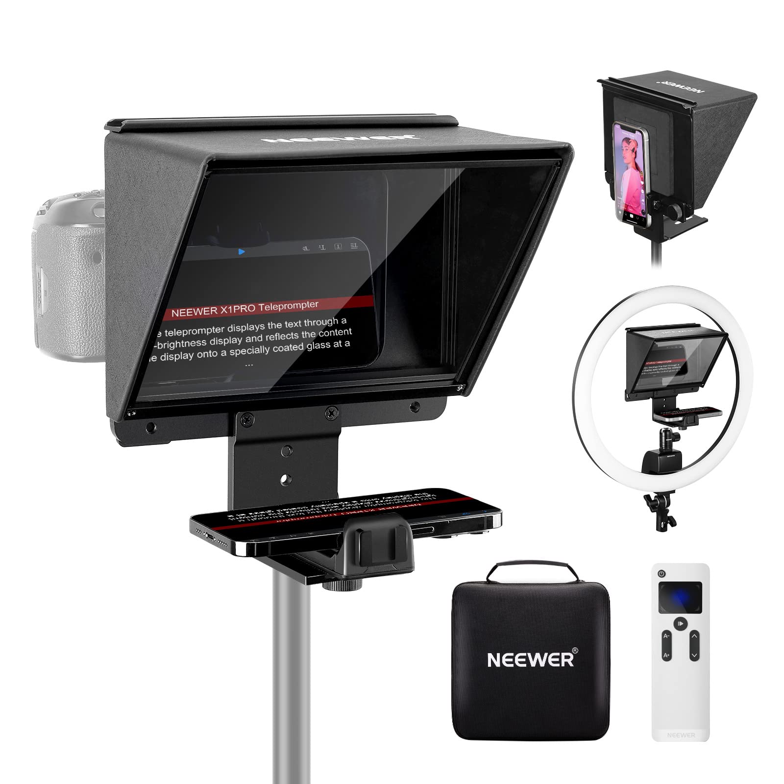 NEEWER Teleprompter for Camera & Smartphone, 9 Inch All Metal, Remote Control Via NEEWER Teleprompter APP Bluetooth Connection, Prompting Compatible with iPhone & iPad 9.7 Inch or Smaller, X1 Pro