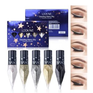 go ho glitter liquid eyeliner colorful set,5 colors metallic shimmer white black silver gold diamond eyeliner,glitter eyeliner sticks,waterproof eyeliner,long lasting sparkle eye makeup