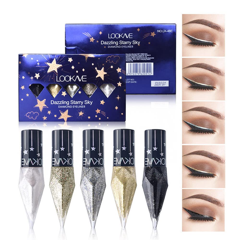 Go Ho Glitter Liquid Eyeliner Colorful Set,5 Colors Metallic Shimmer White Black Silver Gold Diamond Eyeliner,Glitter Eyeliner Sticks,Waterproof Eyeliner,Long Lasting Sparkle Eye Makeup