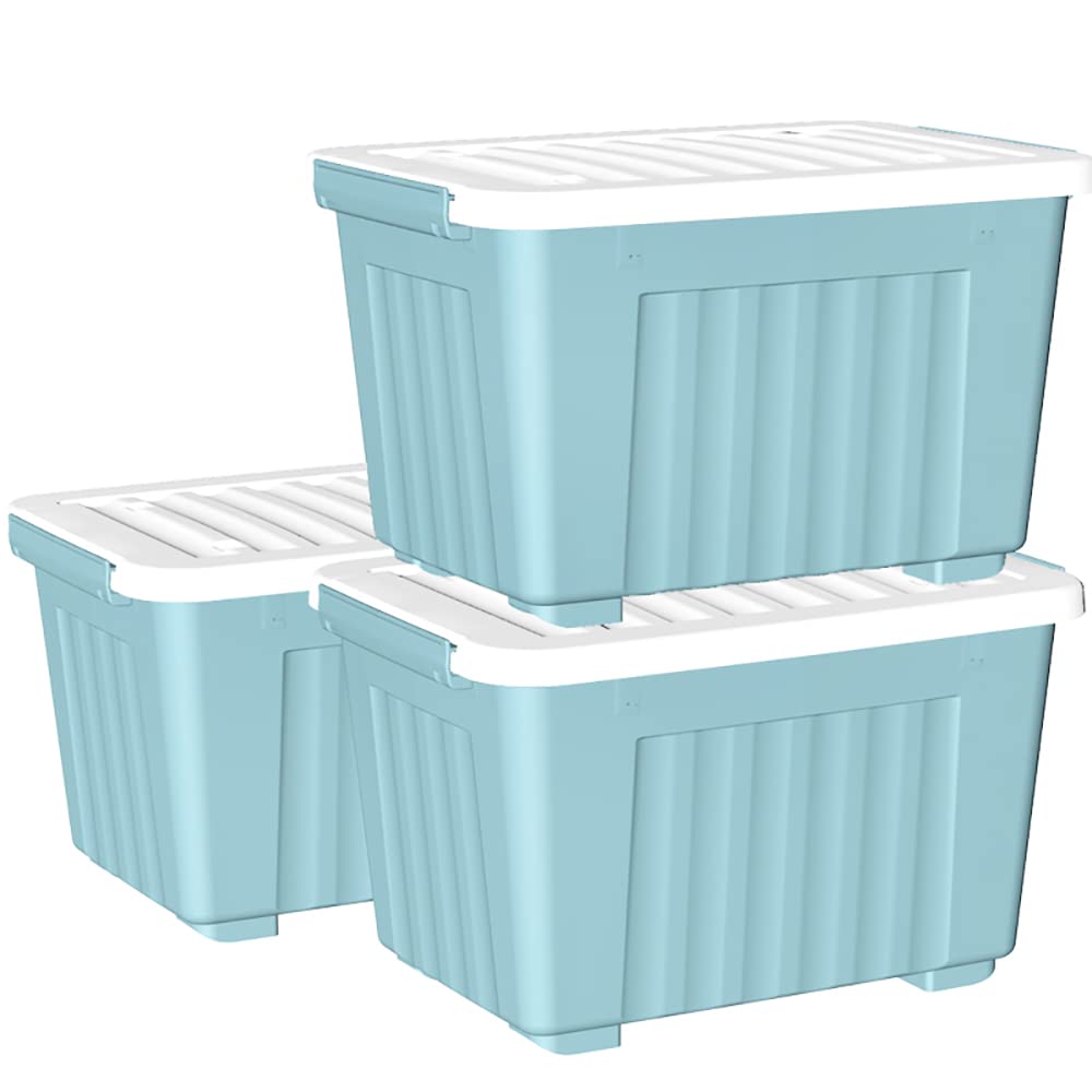 Cetomo 80L*3 Plastic Storage Box,Blue, Tote box, Organizing Container with Durable Lid and Secure Latching Buckles, Stackable and Nestable, 3Pack, with Buckle