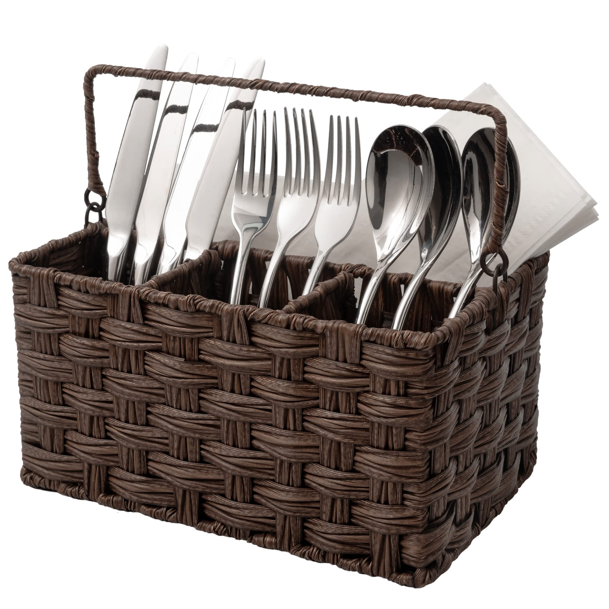 GRANNY SAYS Wicker Utensil Holder Organizer with Handle, Flatware Caddy for Kitchen, Silverware Holder Condiment Organizer, Holds Forks, Knives, Spoons, Napkins and Other Utensils