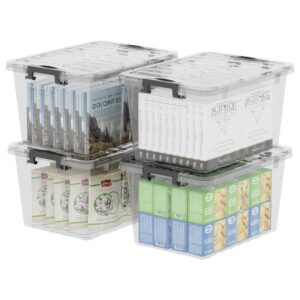 cetomo 18qt*4 plastic storage bins, storage box, 4 pack, organizing container with durable lids and secure latching buckles, stackable and nestable, clear with black buckle