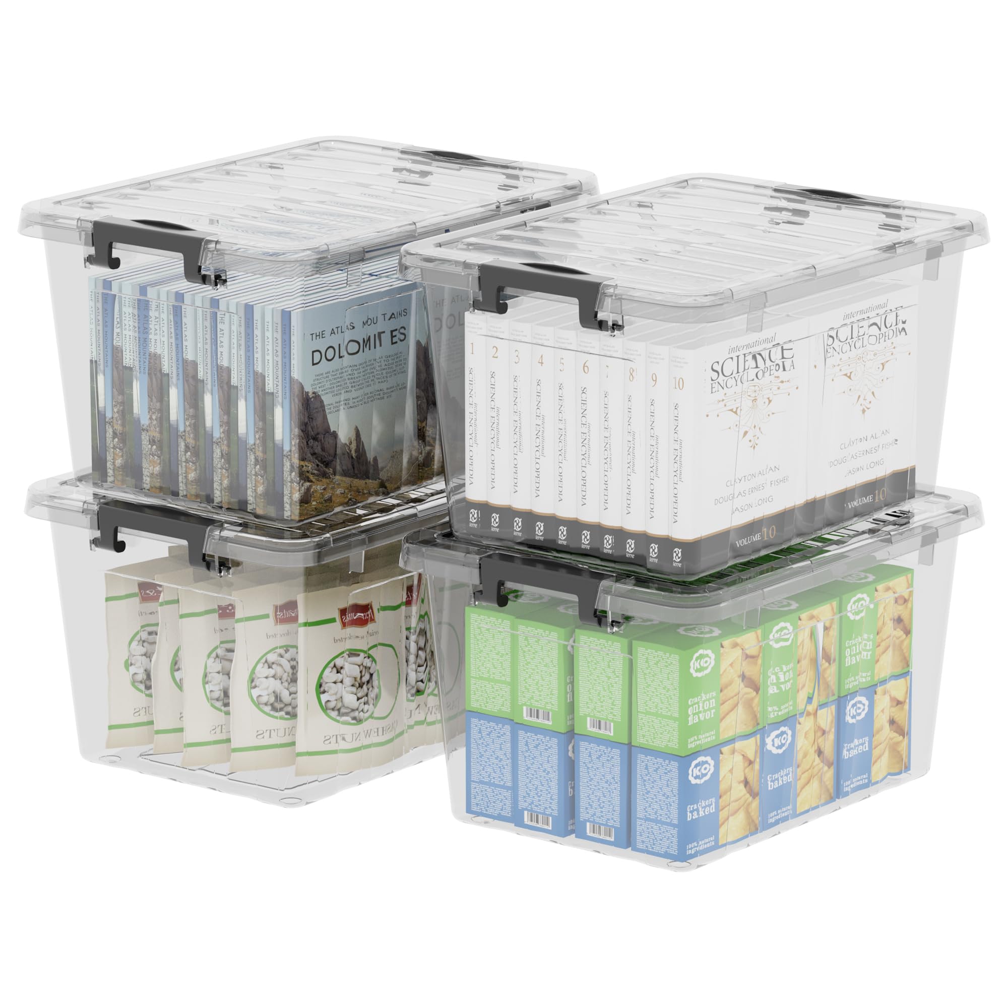 Cetomo 18Qt*4 Plastic Storage Bins, Storage Box, 4 Pack, Organizing Container with Durable Lids and Secure Latching Buckles, Stackable and Nestable, Clear with Black Buckle