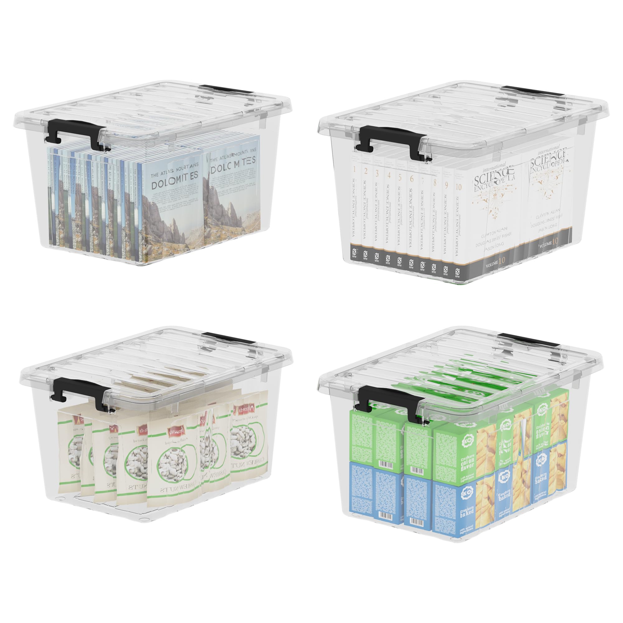 Cetomo 18Qt*4 Plastic Storage Bins, Storage Box, 4 Pack, Organizing Container with Durable Lids and Secure Latching Buckles, Stackable and Nestable, Clear with Black Buckle