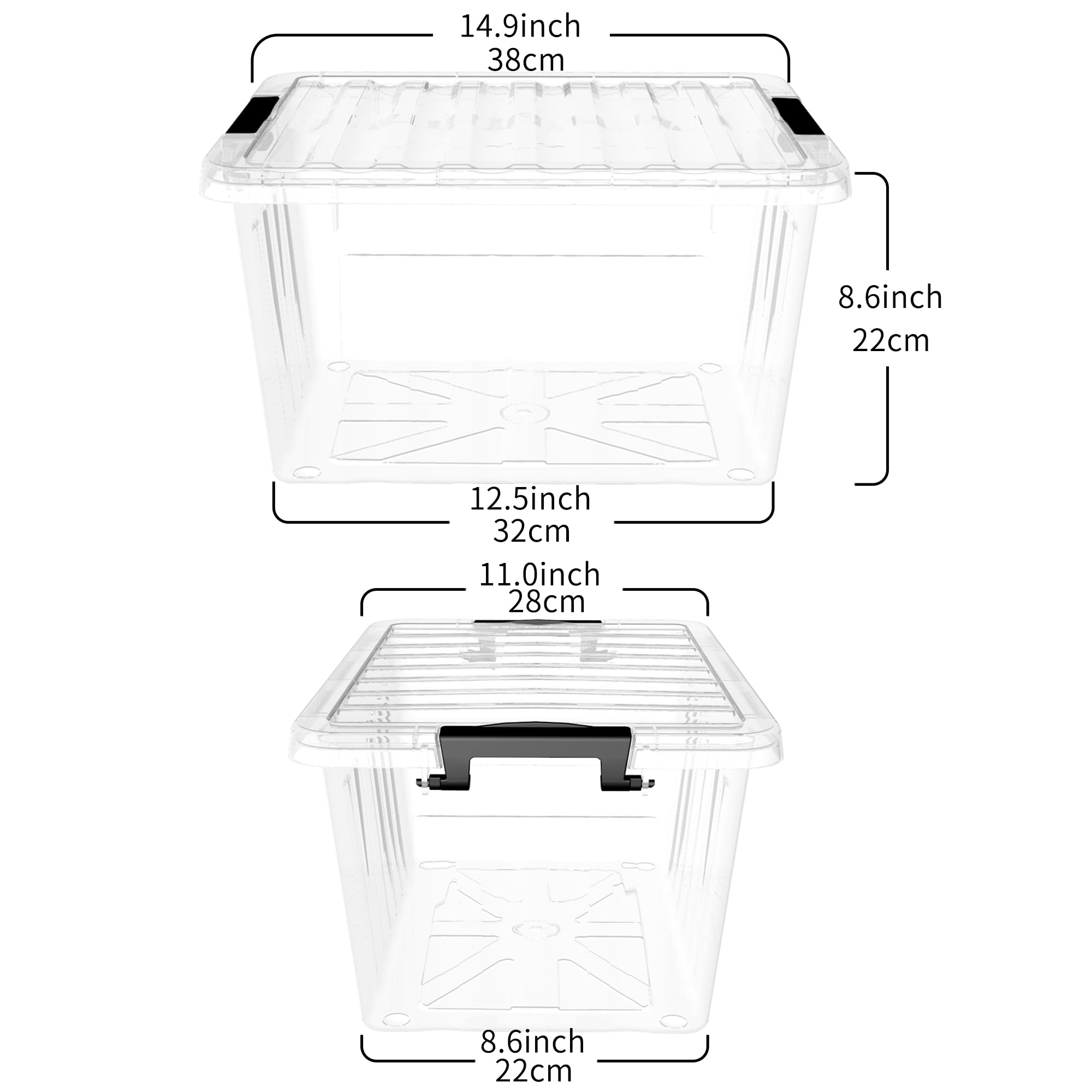 Cetomo 18Qt*4 Plastic Storage Bins, Storage Box, 4 Pack, Organizing Container with Durable Lids and Secure Latching Buckles, Stackable and Nestable, Clear with Black Buckle