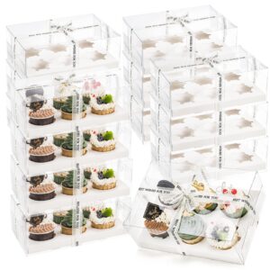 cedilis 15 pack clear cupcake boxes, 6 count cupcake containers with gift ribbon, plastic cupcake carrier holder for treat dessert cookies muffins pastry baby shower party