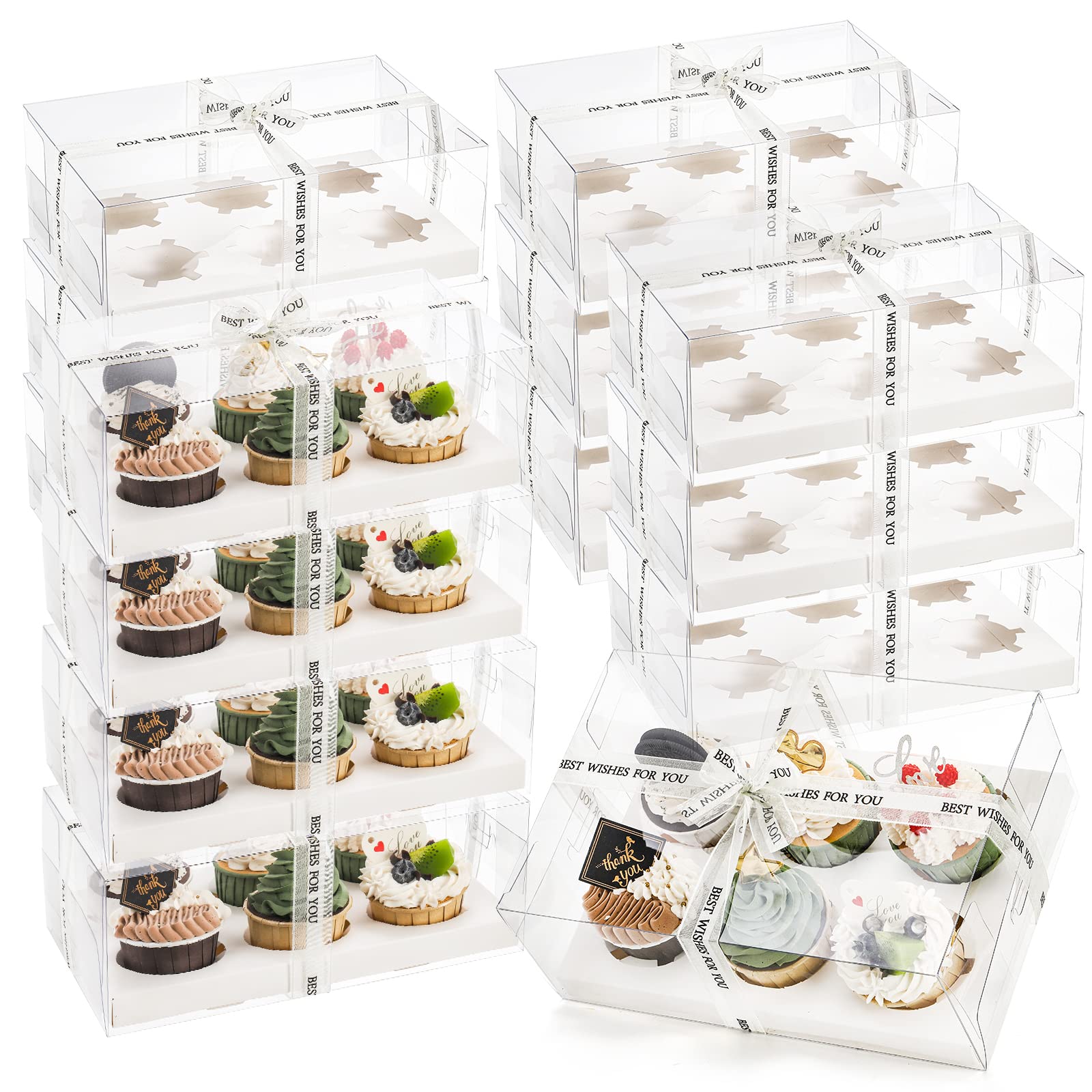 Cedilis 15 Pack Clear Cupcake Boxes, 6 Count Cupcake Containers with Gift Ribbon, Plastic Cupcake Carrier Holder for Treat Dessert Cookies Muffins Pastry Baby Shower Party