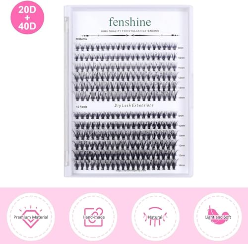 Fenshine Cluster Eyelash Extensions 240pcs 20D/40D Cluster Eyelashes Mixed, Natural False Eyelashes Cluster Soft Individual Lashes Clusters