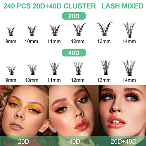 Fenshine Cluster Eyelash Extensions 240pcs 20D/40D Cluster Eyelashes Mixed, Natural False Eyelashes Cluster Soft Individual Lashes Clusters