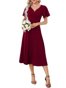 ever-pretty women's summer v-neck ruffles sleeves pleated midi evening dress with sleeves burgundy us8