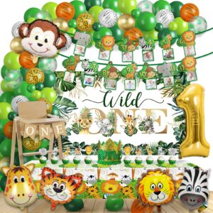 wild one birthday decorations for boys, safari first birthday decorations, include backdrop, tablecloth, balloon arch, highchair banner, monthly photo banners, crown, jungle animals foil balloons