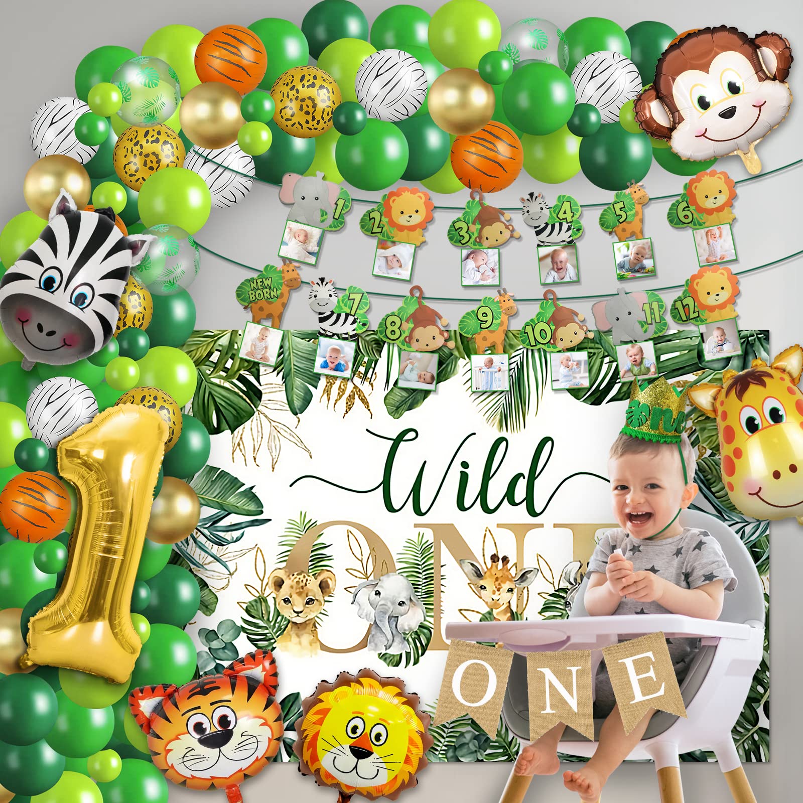 Wild One Birthday Decorations for Boys, Safari First Birthday Decorations, include Backdrop, Tablecloth, Balloon Arch, Highchair Banner, Monthly Photo Banners, Crown, Jungle Animals Foil Balloons