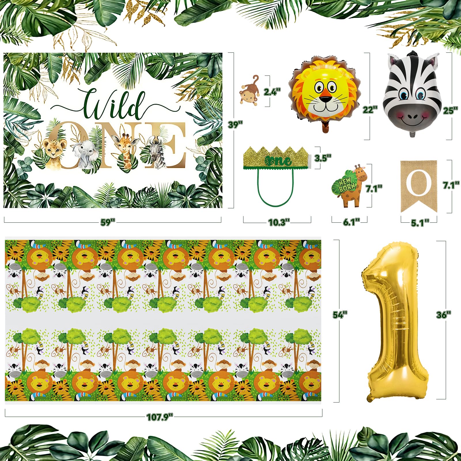 Wild One Birthday Decorations for Boys, Safari First Birthday Decorations, include Backdrop, Tablecloth, Balloon Arch, Highchair Banner, Monthly Photo Banners, Crown, Jungle Animals Foil Balloons