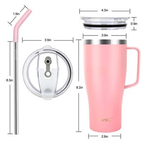 Sursip 32 oz Insulated Tumbler with Handle and Straw Lid, Vacuum Stainless Steel Cup, Keep Drinks Cold/Hot, Dishwasher Safe, Fit in Car Holder, Travel Coffee Mug for Home/Office/Party/Camping (Pink)