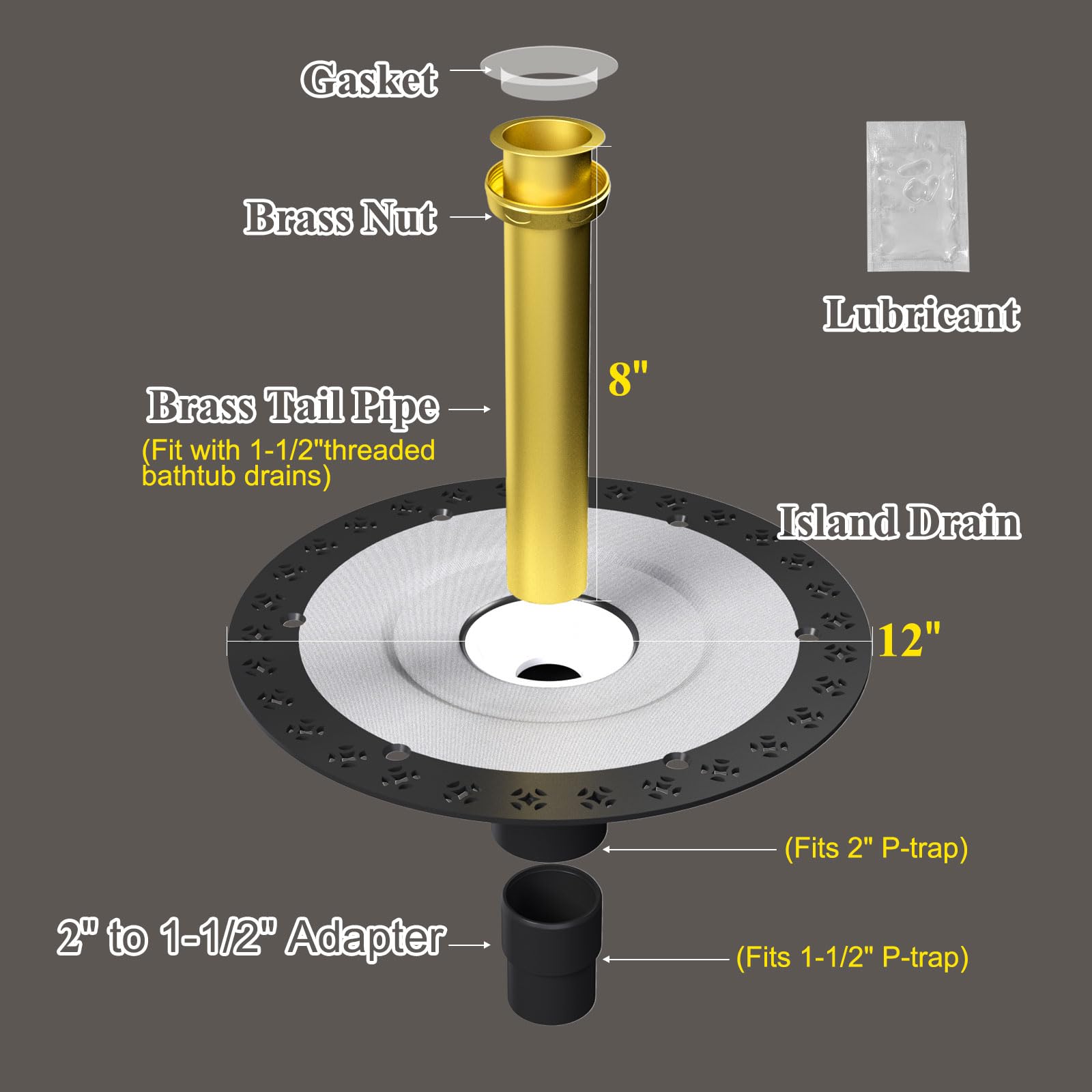 Freestanding Tub Drain Rough-in Kit, 12" Large Base Free standing Bathtub Drains Installation Kits with ABS Adapter and Brass Pipe CUPC Certification