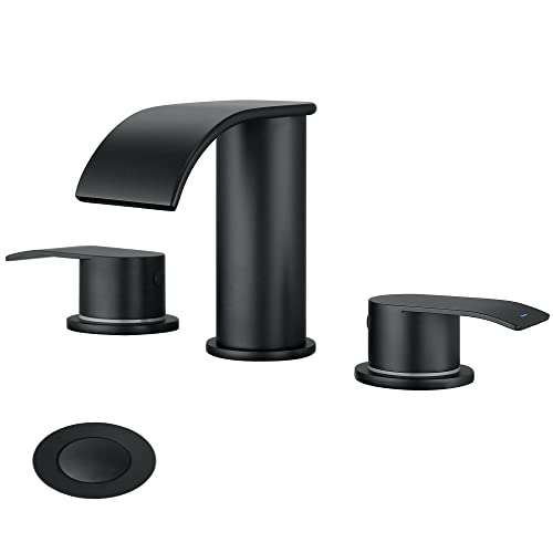 Matte Black Waterfall Bathroom Faucets for Sink 3 Hole - Widespread Bathroom Faucet Two Handles 8 Inch, Modern Bathroom Sink Faucet, with Metal Pop Up Drain Assembly & Supply Lines